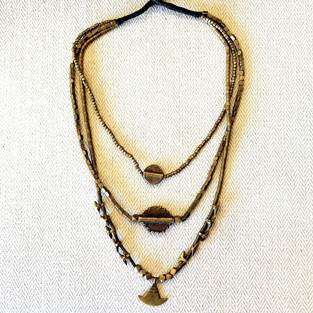 Unisex Tribal necklace, gold pendants, 3 tiered